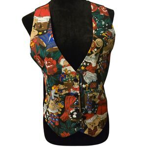VTG 111 Main Vest M Christmas Holiday Angel Bear Cat Kids Santa Poinsetta 80's